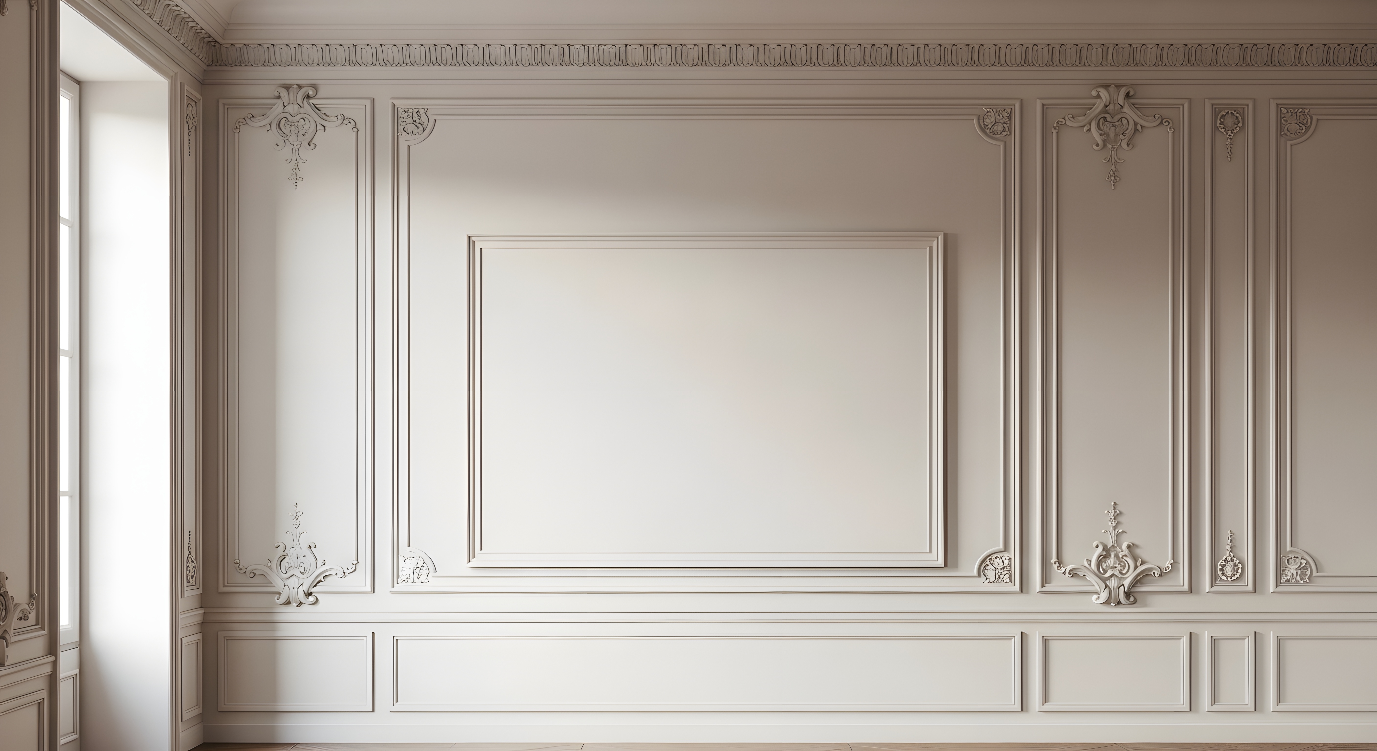 Elegant neoclassical wall paneling with ornamental moldings and a blank rectangular frame