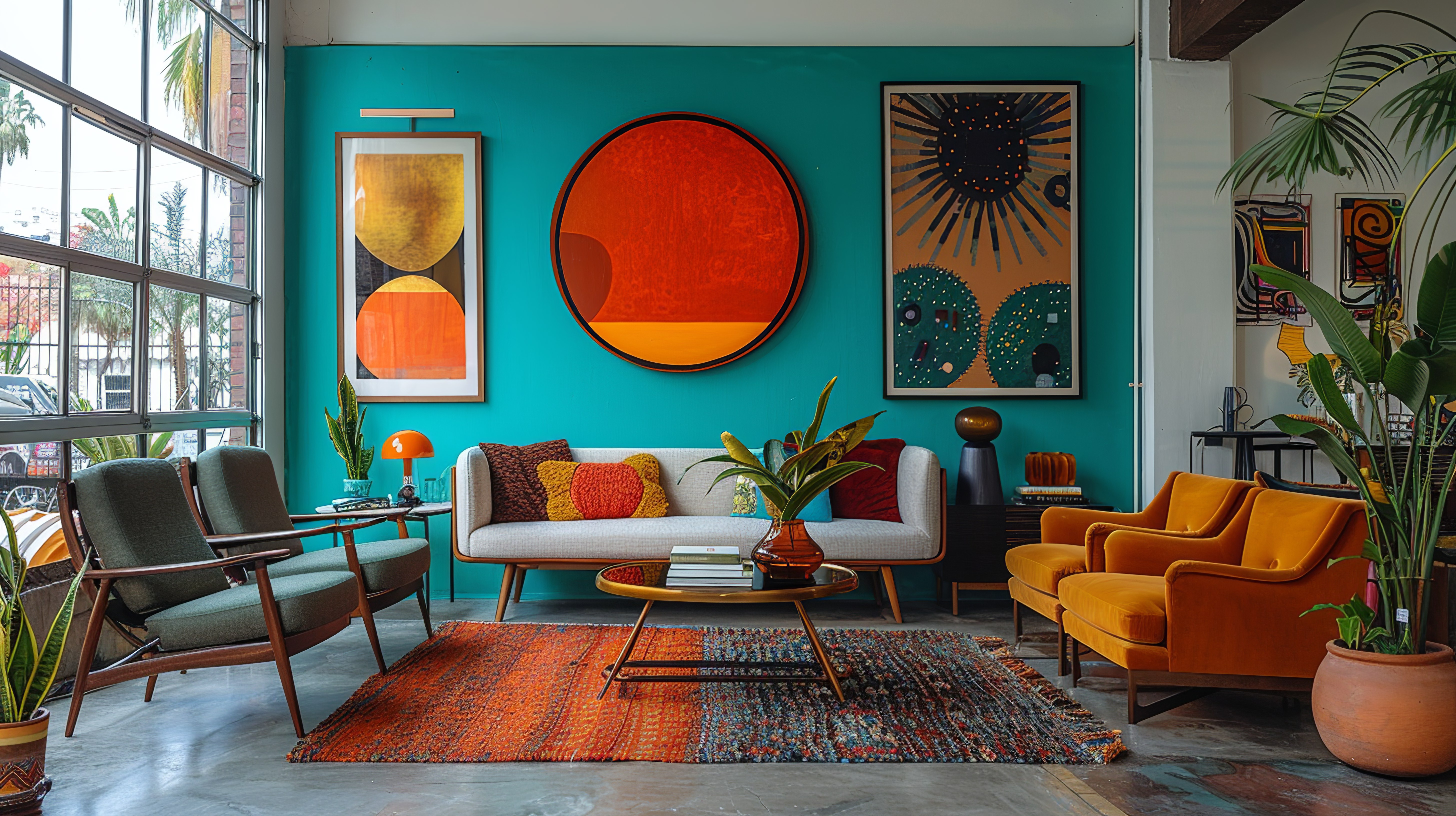 Colorful living room with teal accent wall